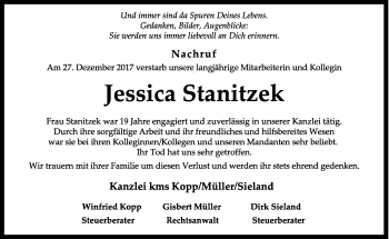 Traueranzeige von Jessica Stanitzek von Thüringer Allgemeine