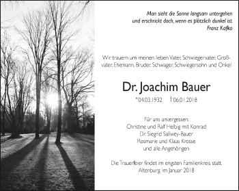 Traueranzeige von Joachim Bauer von Ostthüringer Zeitung