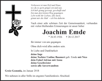 Traueranzeige von Joachim Emde von Ostthüringer Zeitung