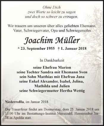 Traueranzeige von Joachim Müller von Thüringer Allgemeine, Thüringische Landeszeitung