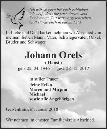 Traueranzeige von Johann Orels von Ostthüringer Zeitung