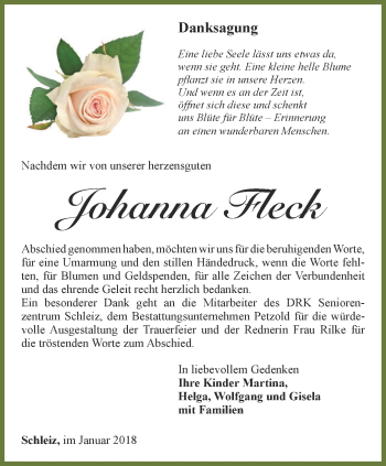 Traueranzeige von Johanna Fleck von Ostthüringer Zeitung
