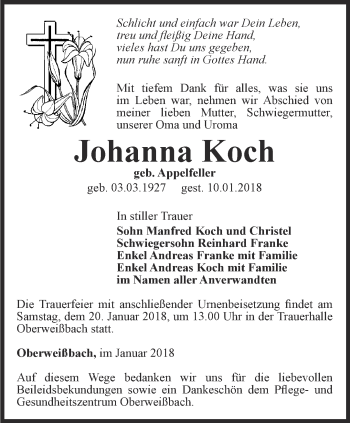 Traueranzeige von Johanna Koch von Ostthüringer Zeitung