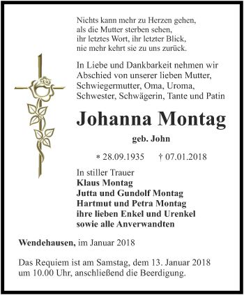 Traueranzeige von Johanna Montag von Thüringer Allgemeine, Thüringische Landeszeitung