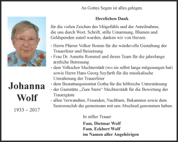 Traueranzeige von Johanna Wolf von Ostthüringer Zeitung, Thüringische Landeszeitung