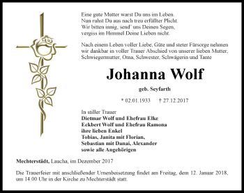 Traueranzeige von Johanna Wolf von Ostthüringer Zeitung, Thüringische Landeszeitung
