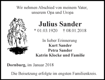 Traueranzeige von Julius Sander von Ostthüringer Zeitung, Thüringische Landeszeitung
