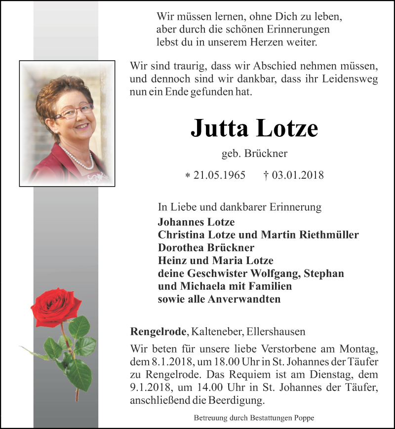  Traueranzeige für Jutta Lotze vom 06.01.2018 aus Thüringer Allgemeine