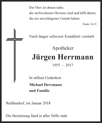 Traueranzeige von Jürgen Herrmann von Ostthüringer Zeitung