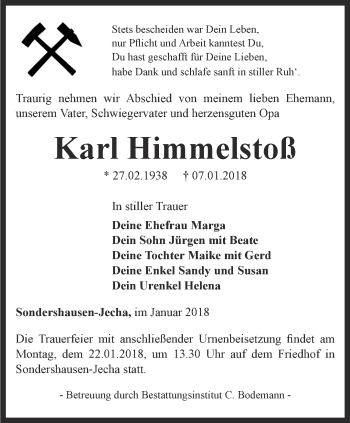 Traueranzeige von Karl Himmelstoß von Thüringer Allgemeine