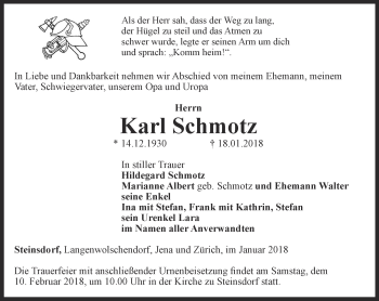 Traueranzeige von Karl Schmotz von Ostthüringer Zeitung