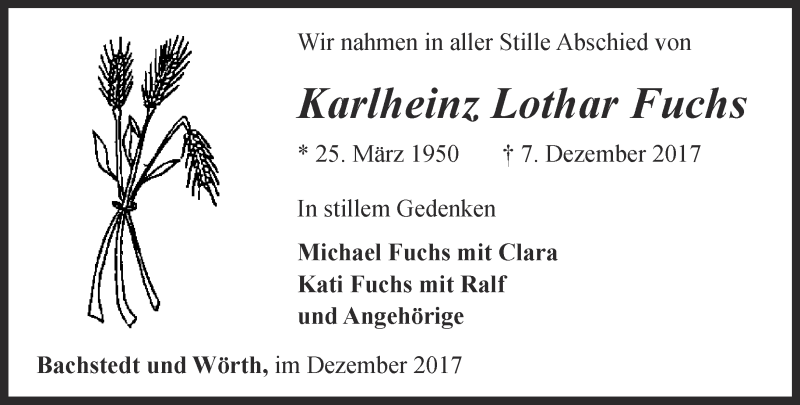  Traueranzeige für Karlheinz Lothar Fuchs vom 02.01.2018 aus Ostthüringer Zeitung, Thüringische Landeszeitung