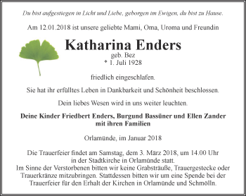 Traueranzeige von Katharina Enders von Ostthüringer Zeitung, Thüringische Landeszeitung