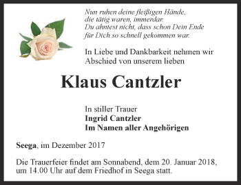 Traueranzeige von Klaus Cantzler von Thüringer Allgemeine