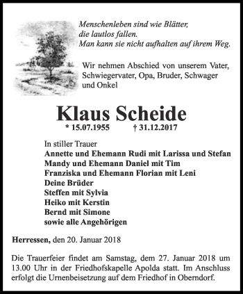 Traueranzeige von Klaus Scheide von Thüringer Allgemeine, Thüringische Landeszeitung