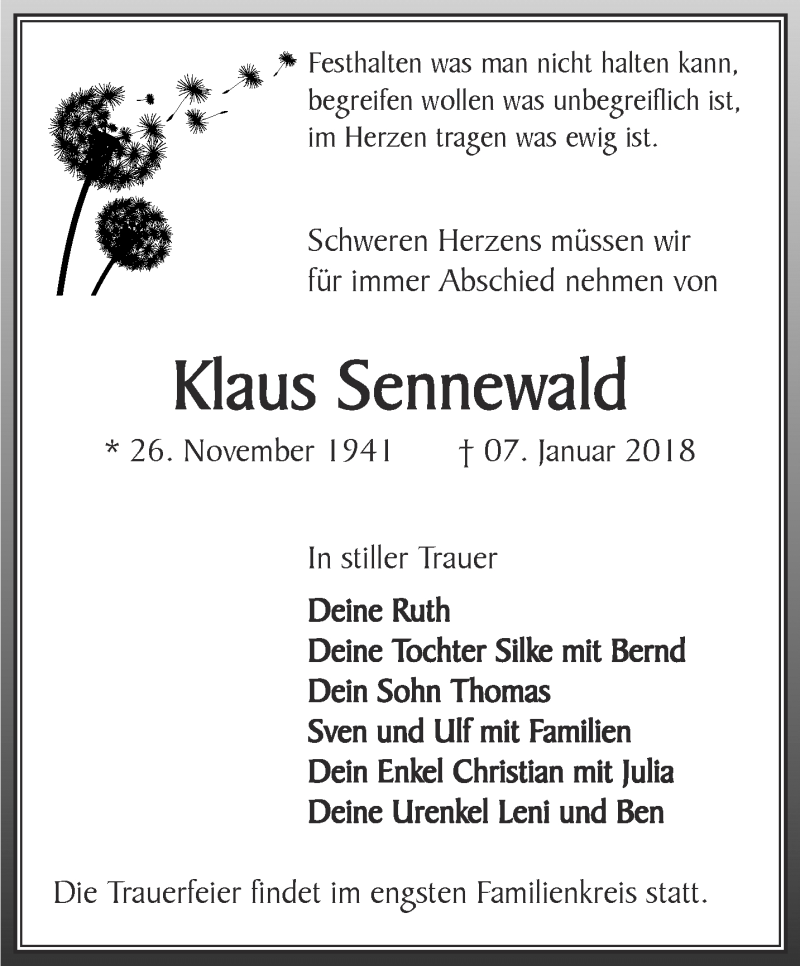  Traueranzeige für Klaus Sennewald vom 13.01.2018 aus Thüringer Allgemeine, Thüringische Landeszeitung