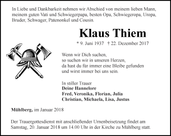 Traueranzeige von Klaus Thiem von Ostthüringer Zeitung, Thüringische Landeszeitung