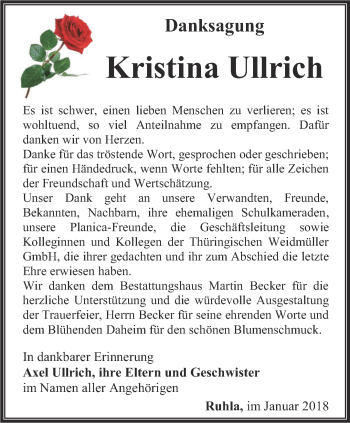 Traueranzeige von Kristina Ullrich von Thüringer Allgemeine, Thüringische Landeszeitung