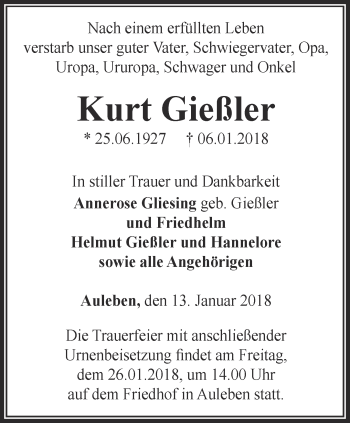 Traueranzeige von Kurt Gießler von Thüringer Allgemeine