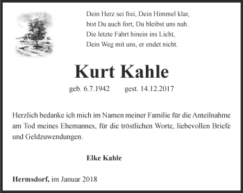 Traueranzeige von Kurt Kahle von Ostthüringer Zeitung