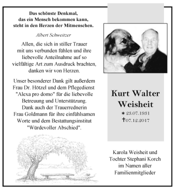 Traueranzeige von Kurt Walter Weisheit von Ostthüringer Zeitung, Thüringische Landeszeitung