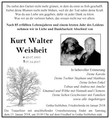 Traueranzeige von Kurt Walter Weisheit von Ostthüringer Zeitung, Thüringische Landeszeitung