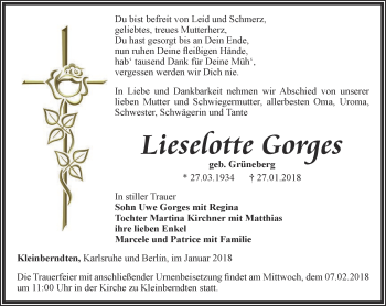 Traueranzeige von Lieselotte Gorges von Thüringer Allgemeine