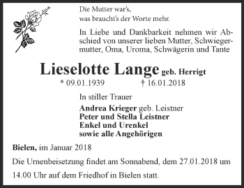 Traueranzeige von Lieselotte Lange von Thüringer Allgemeine