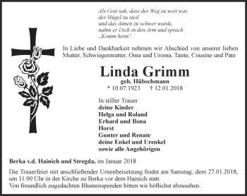 Traueranzeige von Linda Grimm von Thüringer Allgemeine, Thüringische Landeszeitung