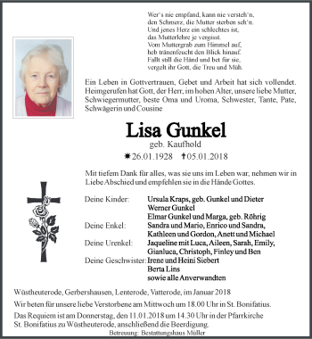 Traueranzeige von Lisa Gunkel von Thüringer Allgemeine