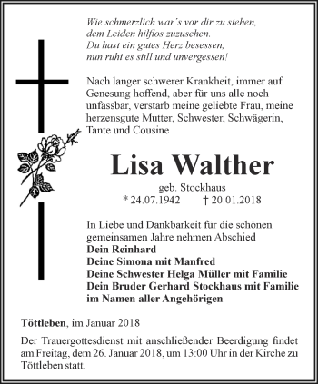 Traueranzeige von Lisa Walther von Thüringer Allgemeine, Thüringische Landeszeitung