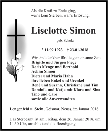 Traueranzeige von Liselotte Simon von Thüringer Allgemeine, Thüringische Landeszeitung