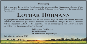 Traueranzeige von Lothar Hohmann von Ostthüringer Zeitung