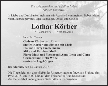 Traueranzeige von Lothar Körber von Thüringer Allgemeine