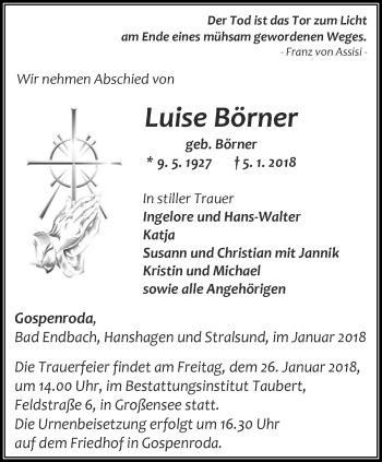 Traueranzeige von Luise Börner von Thüringer Allgemeine, Thüringische Landeszeitung