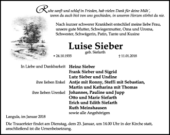 Traueranzeige von Luise Sieber von Thüringer Allgemeine, Thüringische Landeszeitung