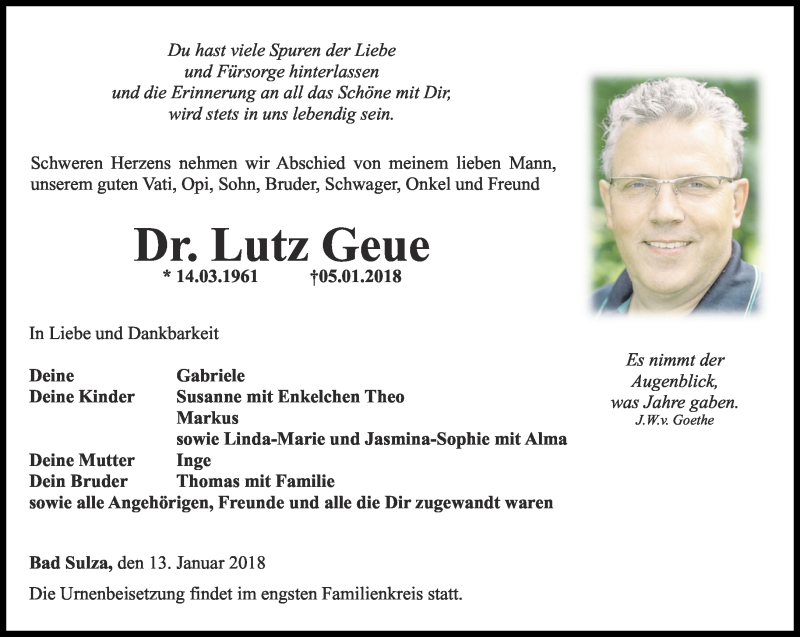  Traueranzeige für Lutz Geue vom 13.01.2018 aus Thüringer Allgemeine, Thüringische Landeszeitung