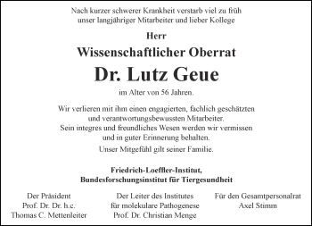 Traueranzeige von Lutz Geue von Ostthüringer Zeitung, Thüringische Landeszeitung