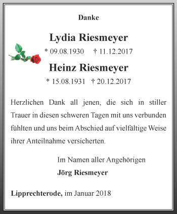 Traueranzeige von Lydia und Heinz Riesmeyer von Thüringer Allgemeine