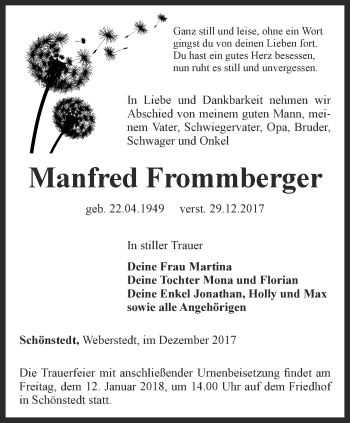 Traueranzeige von Manfred Frommberger von Thüringer Allgemeine, Thüringische Landeszeitung