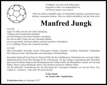 Traueranzeige von Manfred Jungk von Ostthüringer Zeitung, Thüringische Landeszeitung