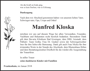 Traueranzeige von Manfred Kloska von Thüringer Allgemeine