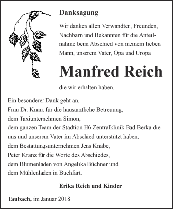 Traueranzeige von Manfred Reich von Thüringer Allgemeine, Thüringische Landeszeitung