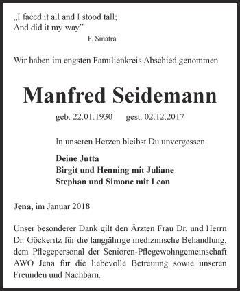 Traueranzeige von Manfred Seidemann von Ostthüringer Zeitung, Thüringische Landeszeitung