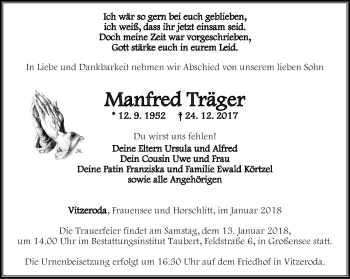 Traueranzeige von Manfred Träger von Thüringer Allgemeine, Thüringische Landeszeitung