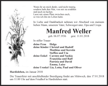 Traueranzeige von Manfred Weller von Thüringer Allgemeine