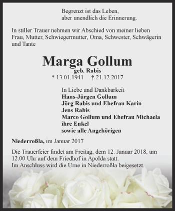 Traueranzeige von Marga Gollum von Thüringer Allgemeine, Thüringische Landeszeitung