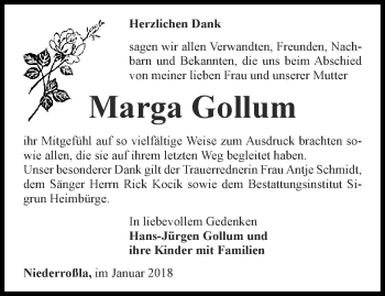 Traueranzeige von Marga Gollum von Thüringer Allgemeine, Thüringische Landeszeitung