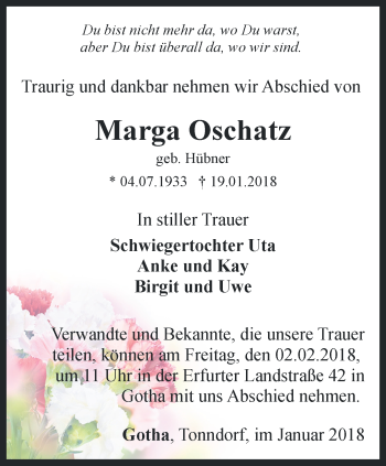 Traueranzeige von Marga Oschatz von Thüringer Allgemeine, Thüringische Landeszeitung