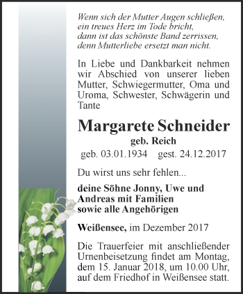 Traueranzeige von Margarete Schneider von Thüringer Allgemeine